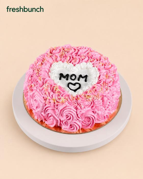 FreshBunch Mother's Day Special Pink Rosette Black Forest Cake - Elegant Heart Center & Chocolate "MOM" Piping