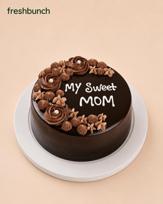 FreshBunch "My Sweet Mom" Premium Chocolate Truffle Half KG Cake - Glossy Ganache & Elegant Cream Rosettes