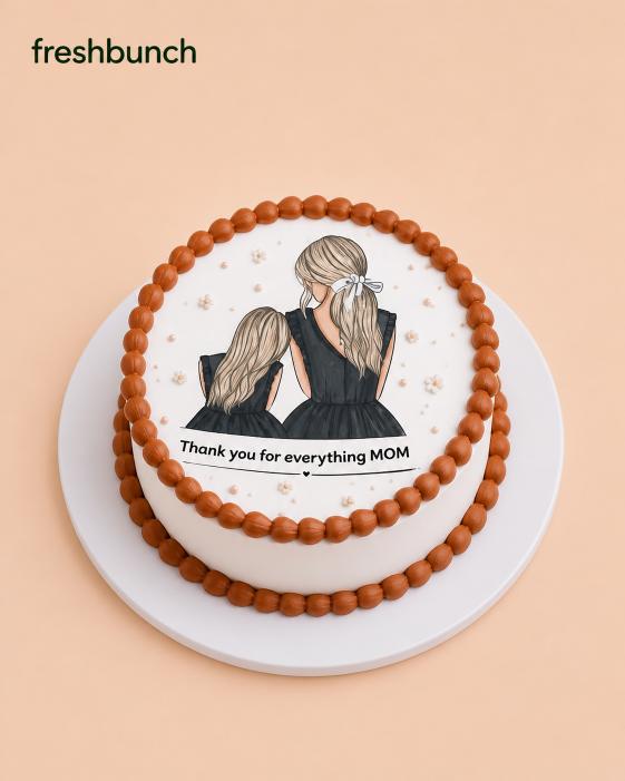 FreshBunch "Thank You Mom" Mother & Daughter Edible Photo Print Half KG Cake - Elegant Pearl Borders