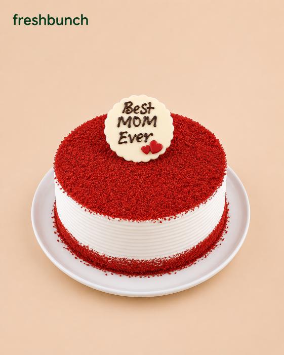 FreshBunch "Best Mom Ever" Red Velvet Half KG Cake - Vibrant Velvet Crumbs & White Chocolate Plaque