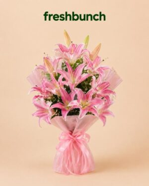 FreshBunch Royal Pink Asiatic Lily Luxury Bouquet - Premium Frosted Wrapping