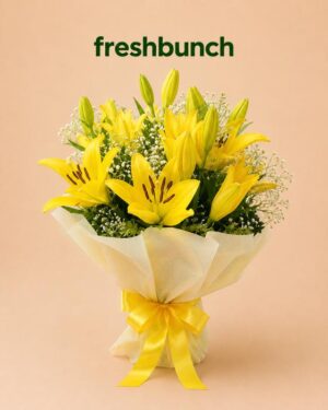 FreshBunch Golden Glow Yellow Asiatic Lily Luxury Bouquet - Premium Frosted Wrapping
