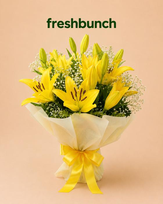 FreshBunch Golden Glow Yellow Asiatic Lily Luxury Bouquet - Premium Frosted Wrapping