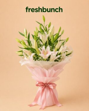 FreshBunch Grand Elegance White & Pink Asiatic Lily Bouquet - Ultra Luxury Frosted Wrapping