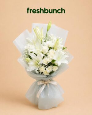 FreshBunch Ivory Symphony White Lily & Rose Premium Bouquet - Elegant Frosted Wrapping