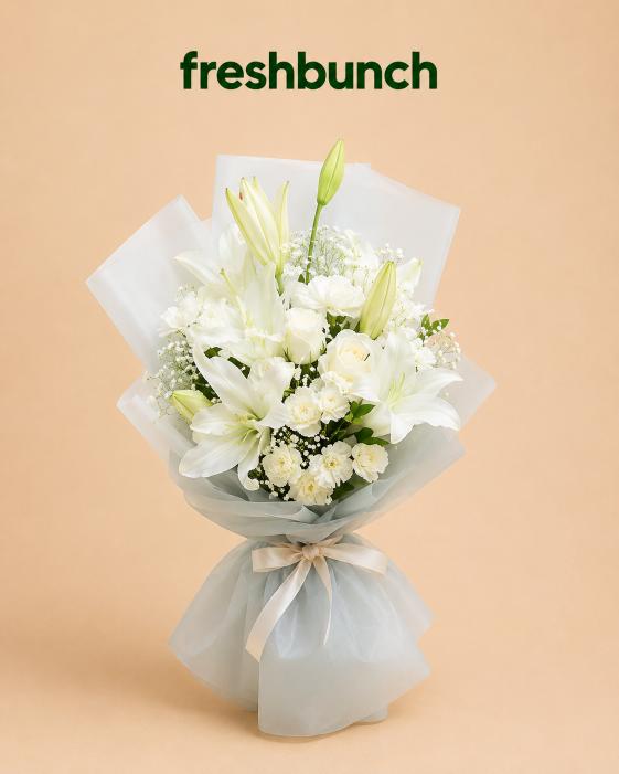 FreshBunch Ivory Symphony White Lily & Rose Premium Bouquet - Elegant Frosted Wrapping