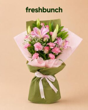 FreshBunch Pink Meadow Exotic Lily, Carnation & Rose Luxury Bouquet - Dual Olive & Pink Wrapping