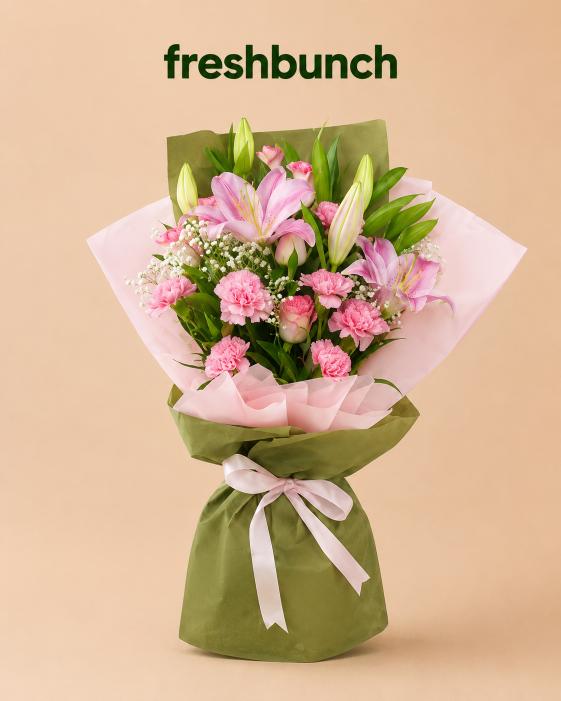 FreshBunch Pink Meadow Exotic Lily, Carnation & Rose Luxury Bouquet - Dual Olive & Pink Wrapping