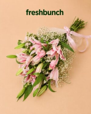 FreshBunch Pink Elegance Cascading Lily & Rose Luxury Arm-Sheaf Bouquet