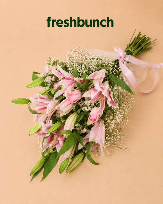 FreshBunch Pink Elegance Cascading Lily & Rose Luxury Arm-Sheaf Bouquet