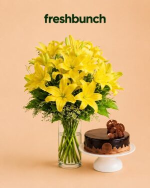 FreshBunch Royal Yellow Lily Luxury Vase Arrangement & Chocolate Truffle Cake Combo