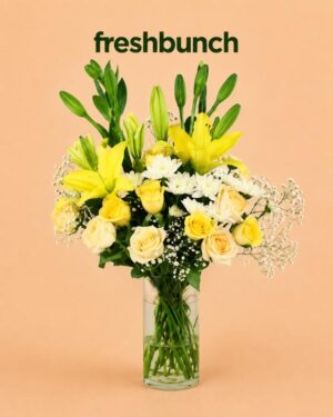 FreshBunch Sunshine Symphony Mixed Lily & Rose Glass Vase Arrangement
