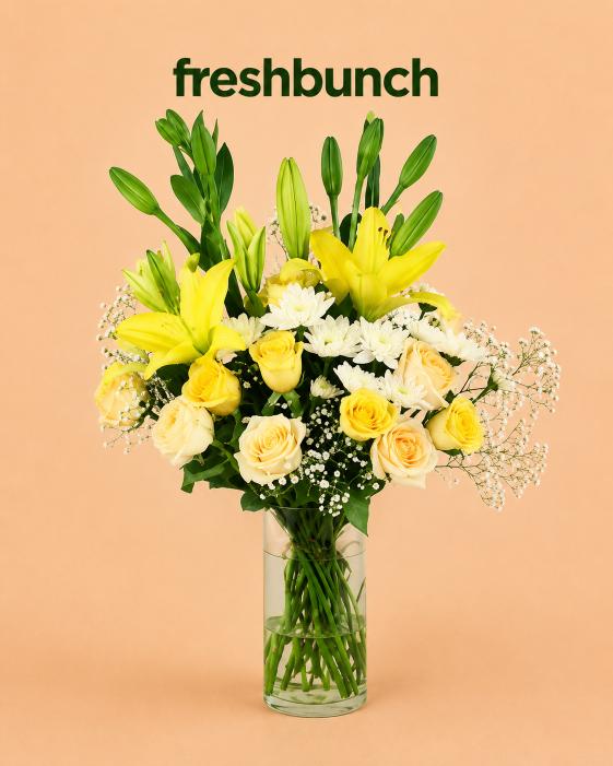 FreshBunch Sunshine Symphony Mixed Lily & Rose Glass Vase Arrangement