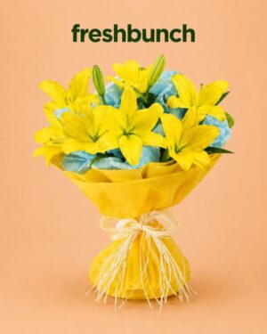 FreshBunch Azure Sun Yellow Lily & Blue Hydrangea Luxury Bouquet