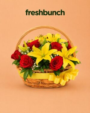 FreshBunch Sun & Velvet Yellow Lily & Red Rose Luxury Floral Basket
