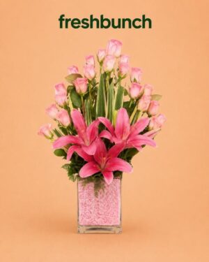 FreshBunch Pink Blossom Crown Lily & Rose Glass Vase Arrangement