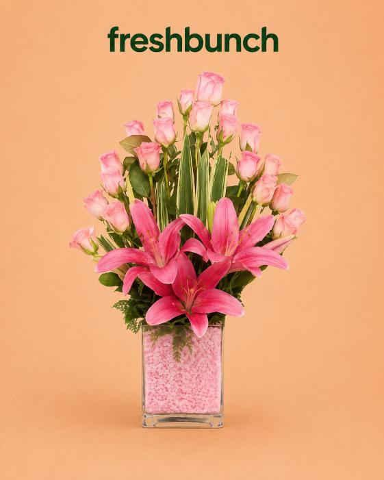 FreshBunch Pink Blossom Crown Lily & Rose Glass Vase Arrangement