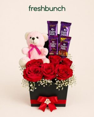 Luxe Red Roses Black Gift Box & Silk Pink Teddy Combo