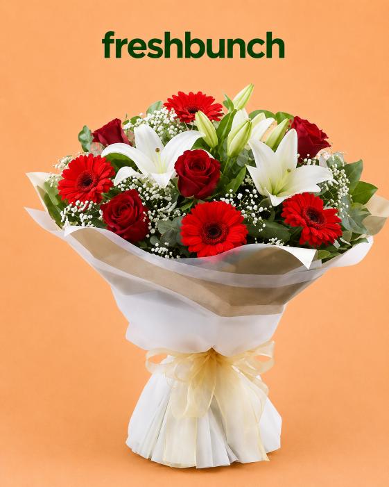 FreshBunch Crimson & Ivory Mixed Lily, Rose & Gerbera Luxury Bouquet