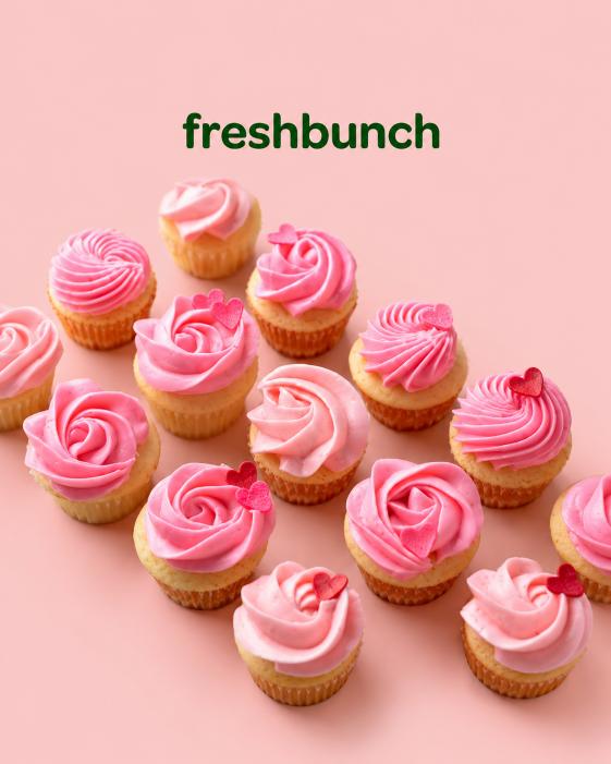 FreshBunch Premium Pink Rose & Heart Luxury Cupcakes (12 Pcs)