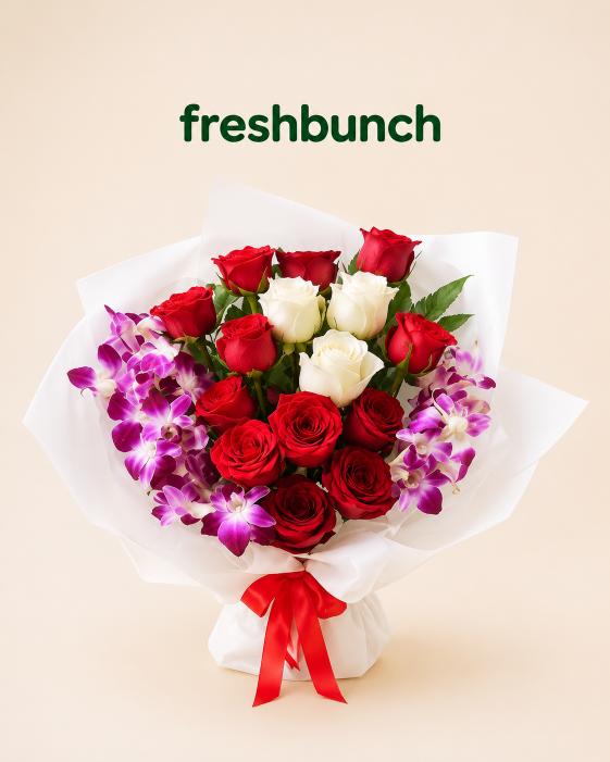 FreshBunch Royal Red & White Roses with Purple Orchids Premium Bouquet