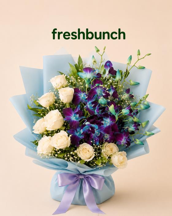 FreshBunch Exotic Blue Orchids with Pristine White Roses Premium Bouquet