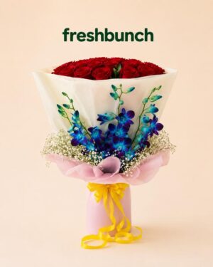 FreshBunch Luxury Red Roses and Blue Orchids Royal Mixed Bouquet