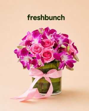 FreshBunch Premium Pink Roses & Purple Orchids Glass Vase Arrangement