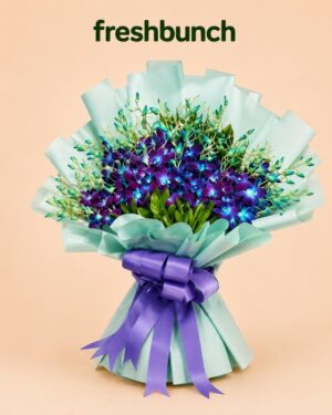 FreshBunch Grand Exotic Blue Orchids Luxury Mint Ribbon Bouquet