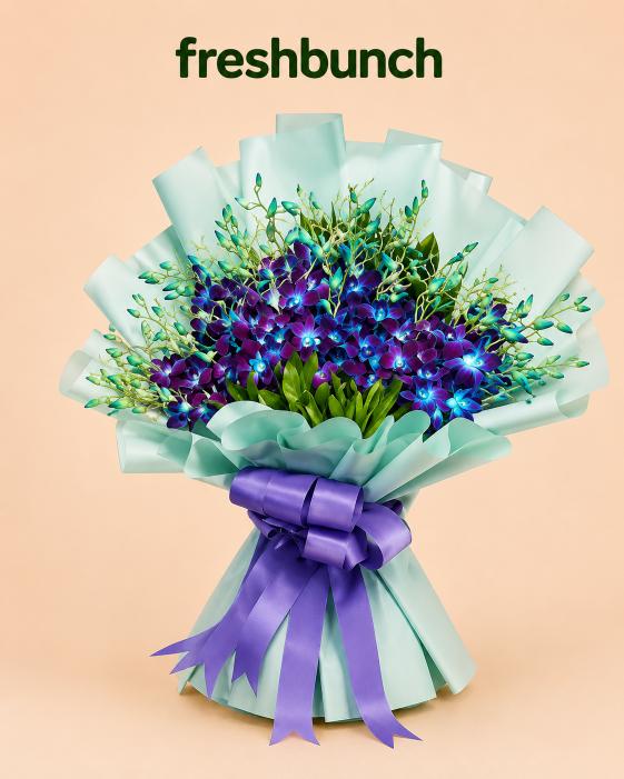 FreshBunch Grand Exotic Blue Orchids Luxury Mint Ribbon Bouquet