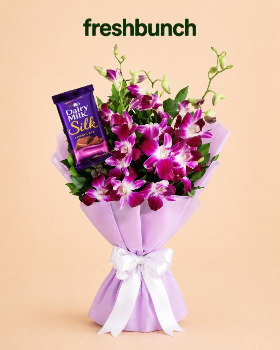 FreshBunch Premium Purple Orchids & Cadbury Dairy Milk Silk Chocolate Combo Bouquet