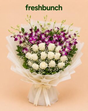 FreshBunch Premium White Roses & Purple Orchids Regal Mixed Bouquet