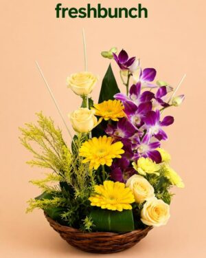 FreshBunch Sunshine Yellow Gerberas & Roses with Purple Orchids Luxury Basket