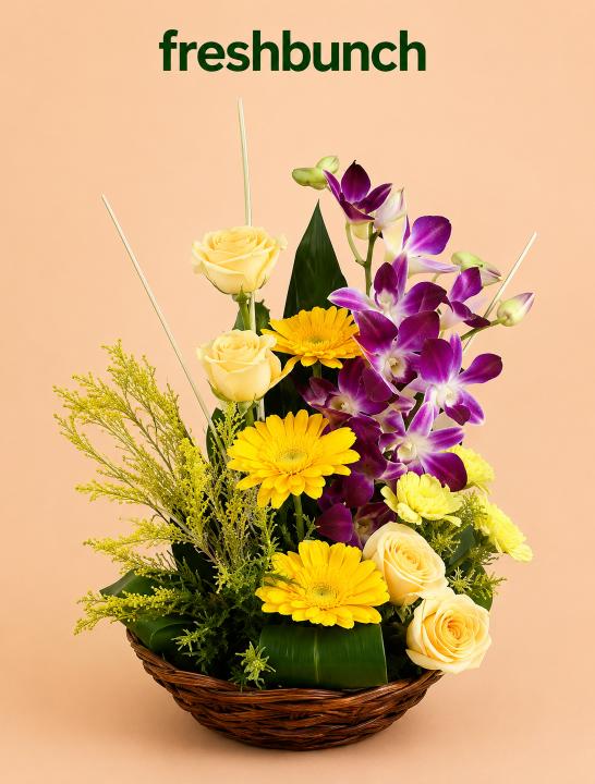 FreshBunch Sunshine Yellow Gerberas & Roses with Purple Orchids Luxury Basket