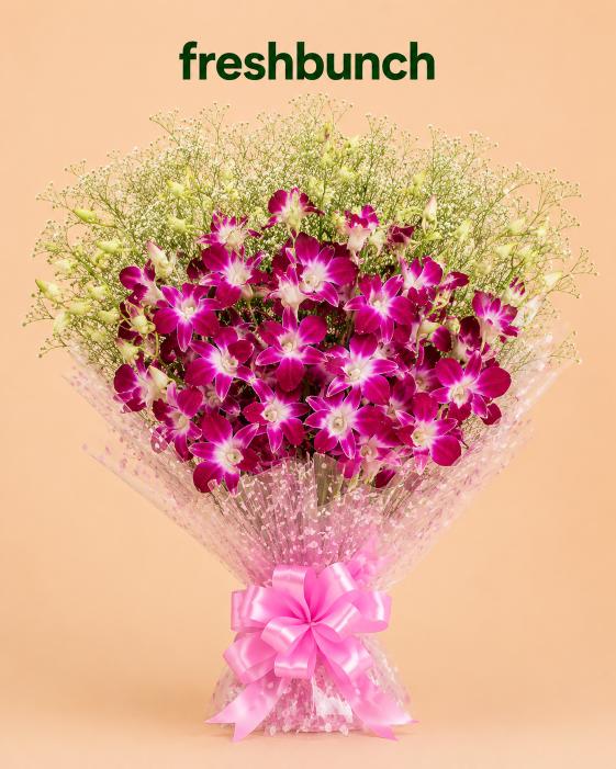 FreshBunch Premium Purple Orchids & Dense Baby's Breath Luxury Bouquet