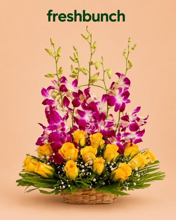 FreshBunch Royal Purple Orchids & Sunshine Yellow Roses Luxury Basket