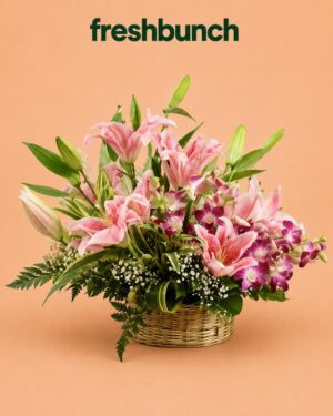 FreshBunch Luxury Pink Oriental Lilies & Vibrant Purple Orchids Garden Basket