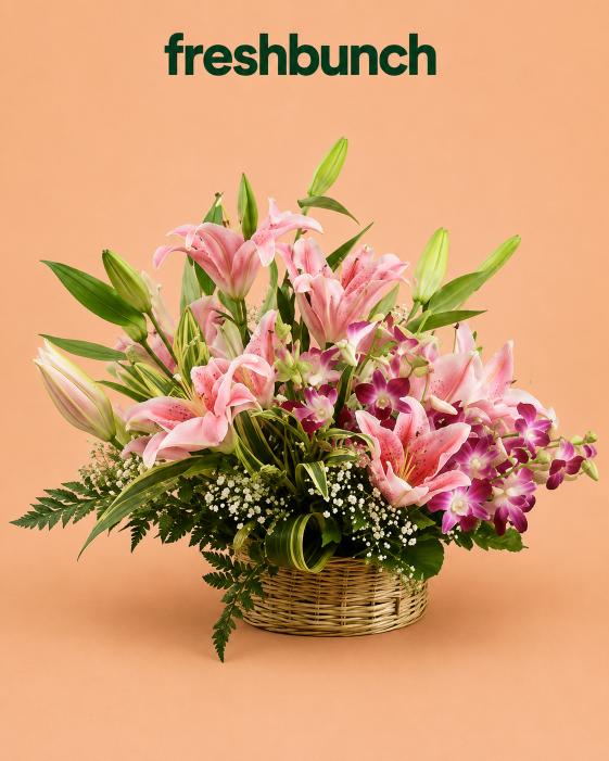 FreshBunch Luxury Pink Oriental Lilies & Vibrant Purple Orchids Garden Basket