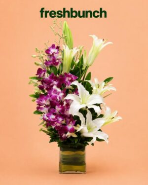 FreshBunch Luxury White Lilies & Royal Purple Orchids Modern Glass Cube Arrangement