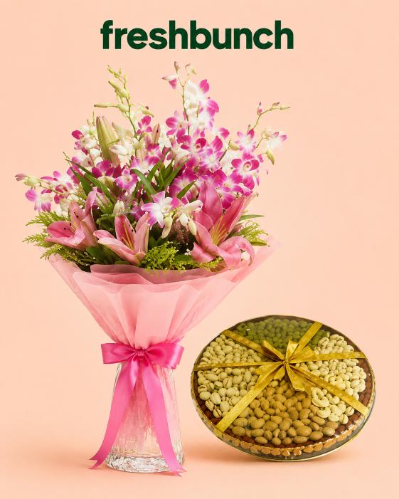 FreshBunch Luxury Pink Lilies, Purple Orchids & Premium Dry Fruits Festive Combo