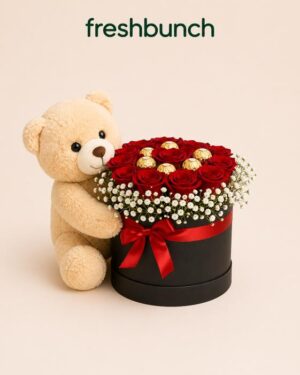 FreshBunch Red Roses & Chocolate Teddy Box Combo