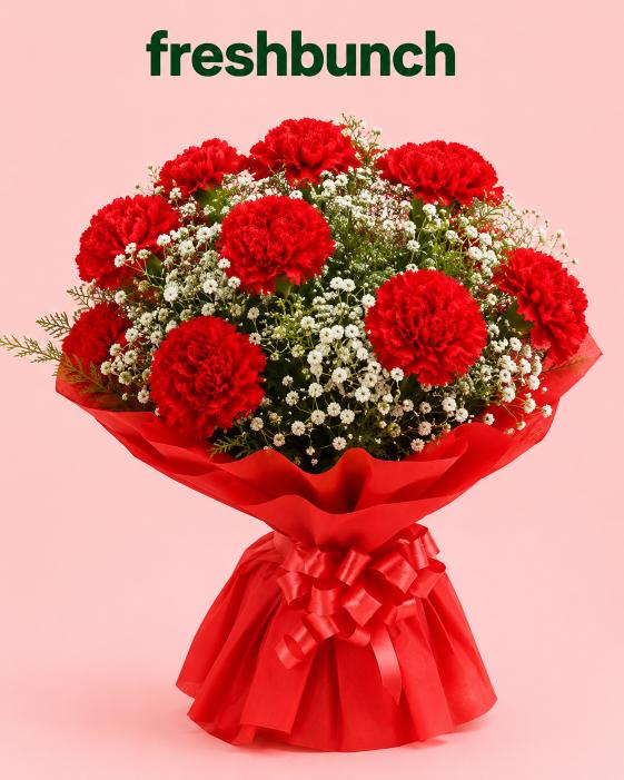 FreshBunch Passionate Red Carnations & Elegant Baby Breath Classic Bouquet (Variant)