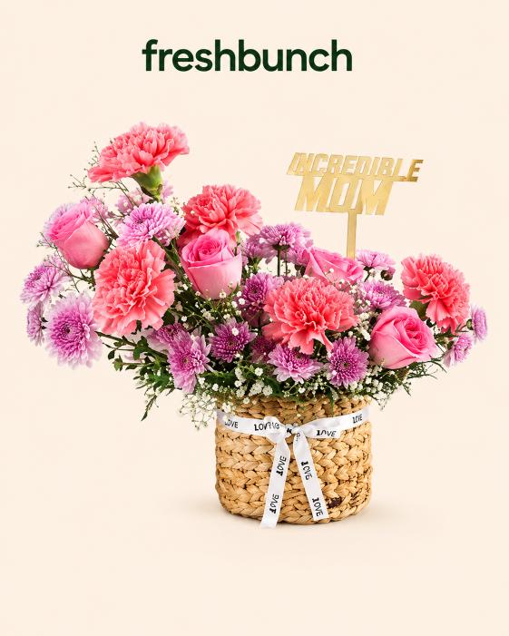 FreshBunch "Incredible Mom" Premium Carnations & Roses Jute Basket