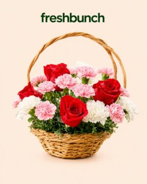 FreshBunch Romantic Red Roses & Mixed Carnations Luxury Handle Basket