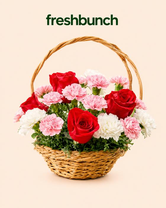 FreshBunch Romantic Red Roses & Mixed Carnations Luxury Handle Basket