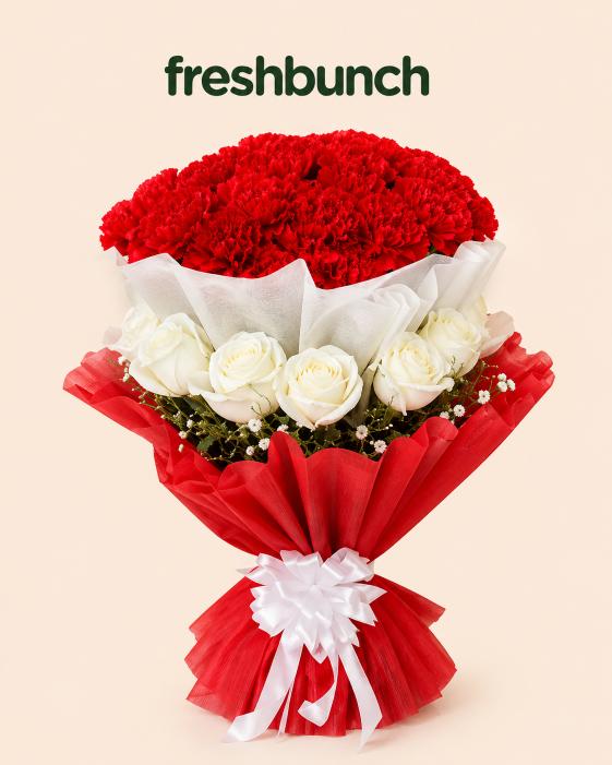 FreshBunch "Royal Velvet" Premium Red Carnations & White Roses Luxury Bouquet