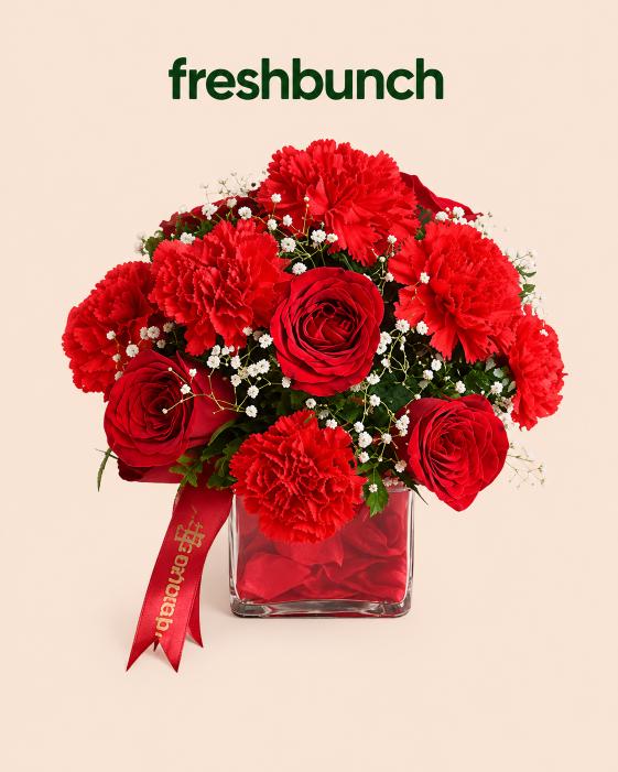 FreshBunch Crimson Love Premium Red Roses & Carnations Glass Vase Arrangement