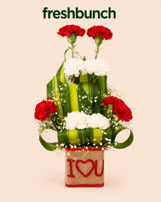 FreshBunch "I Love You" Red & White Carnations Jute Box Arrangement
