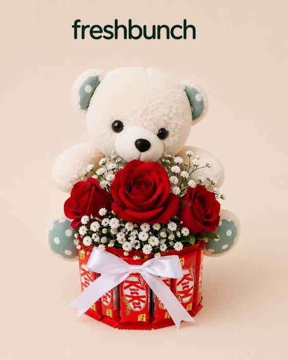 FreshBunch Red Roses & KitKat Teddy Delight