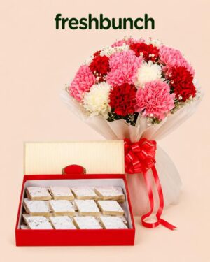 FreshBunch "Festive Delight" Premium Mixed Carnations Bouquet & Kaju Katli Box Combo